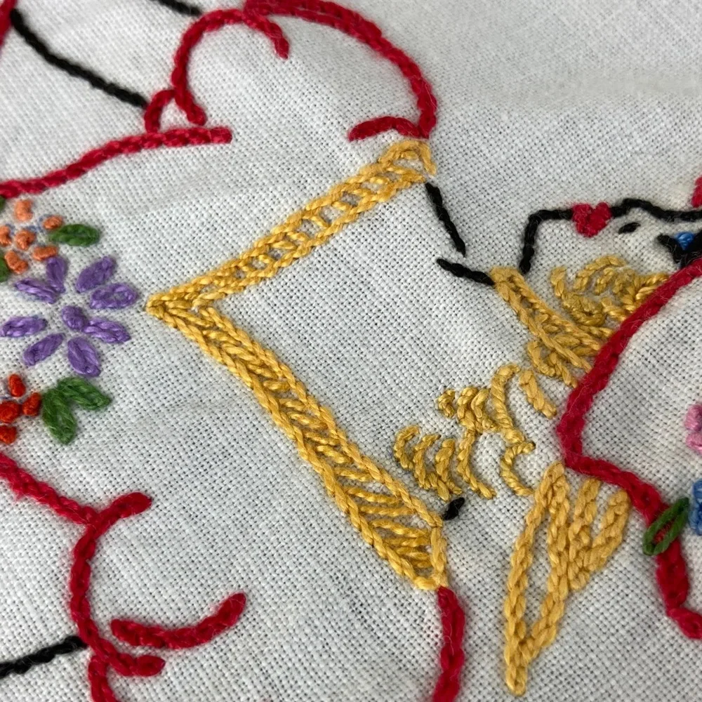 Vintage Hand Embroidered Linen & Lace Tablecloth Crinoline Ladies in Hoop Skirts